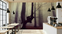 High contrast Gothic Woodland Forest mural, foreground framing, striking photo.