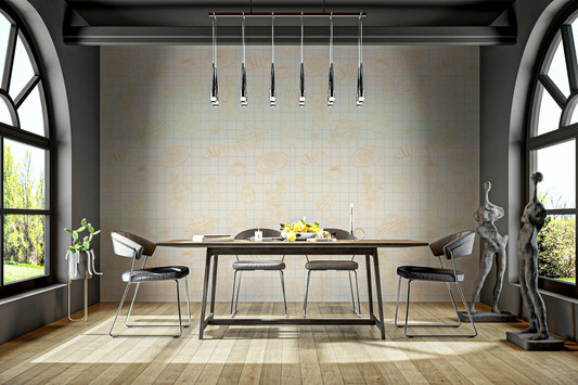 A detailed close-up of a whimsical wall mural pattern.

