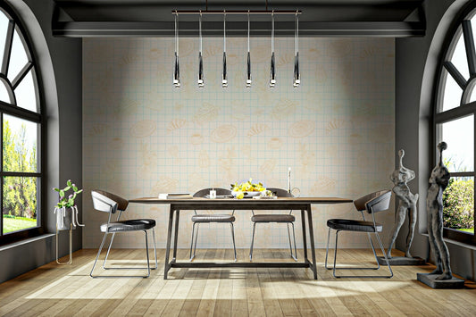 A detailed close-up of a whimsical wall mural pattern.

