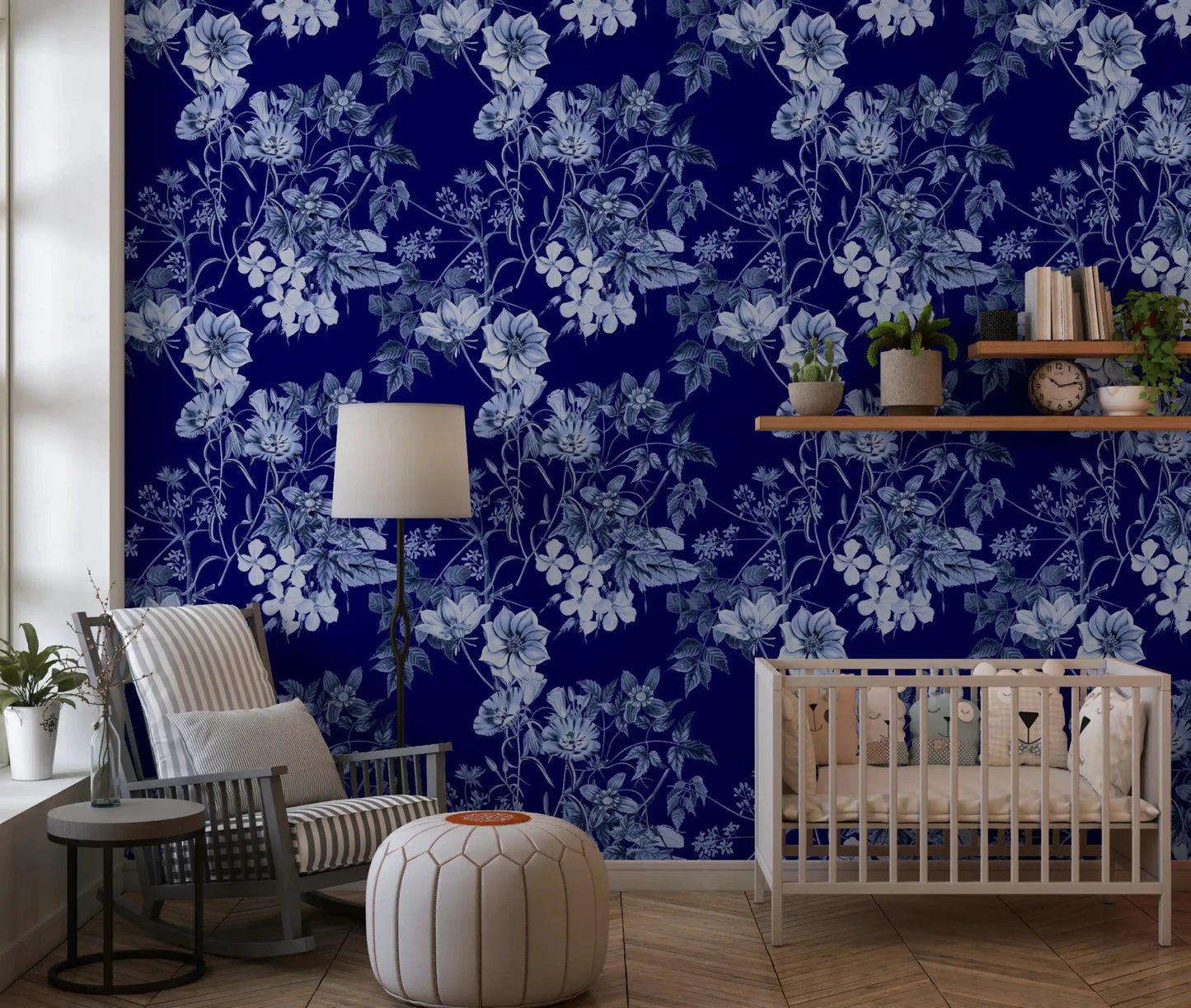 Nursery wall with Grabados Flor de Medianoche wallpaper and detailed floral sketch