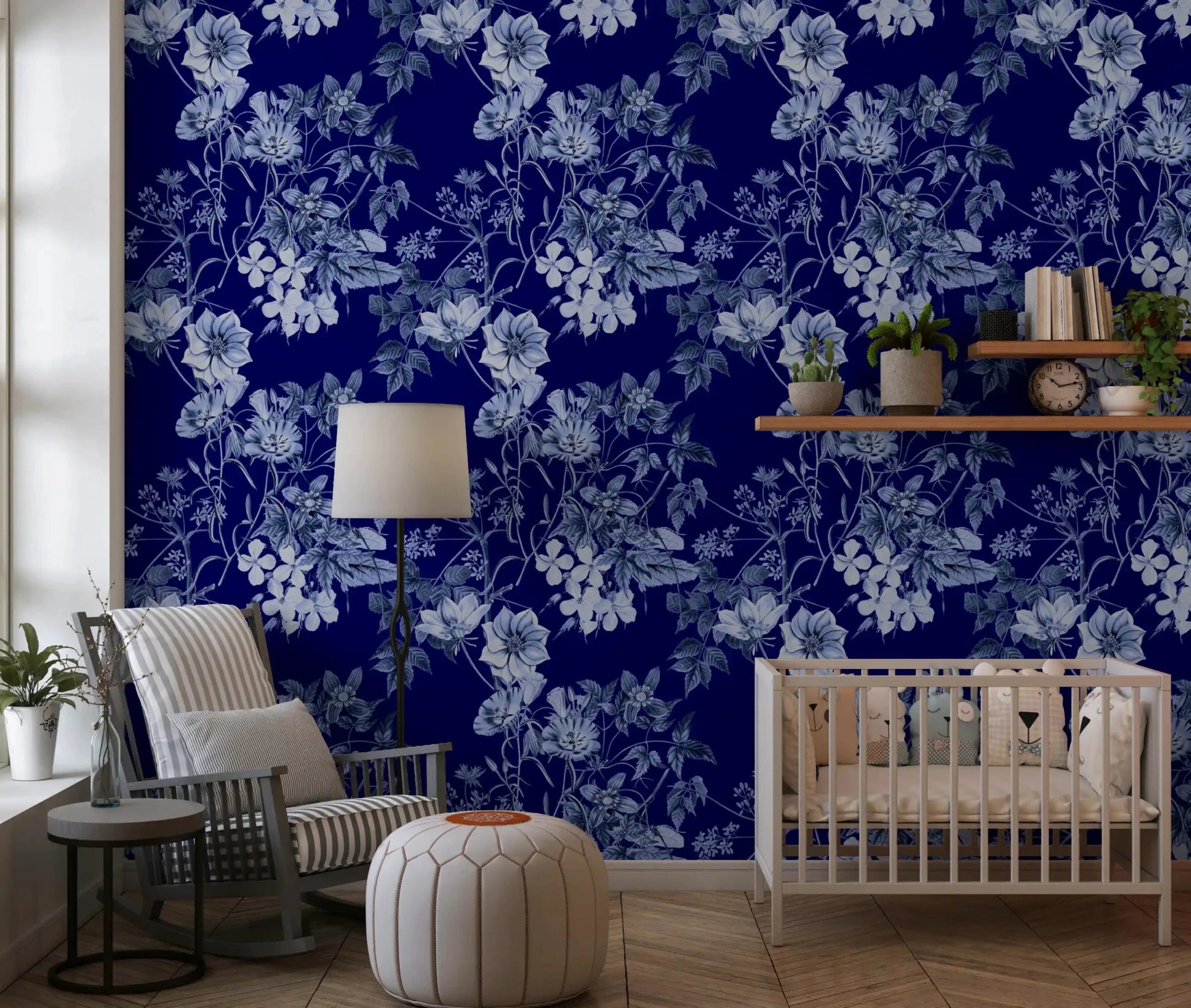 Nursery wall with Grabados Flor de Medianoche wallpaper and detailed floral sketch