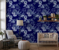 Nursery wall with Grabados Flor de Medianoche wallpaper and detailed floral sketch
