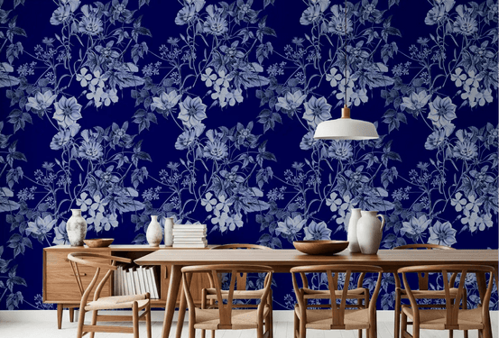 Midnight floral wallpaper with soft blue blossoms and engraved botanical detailing, GD9365