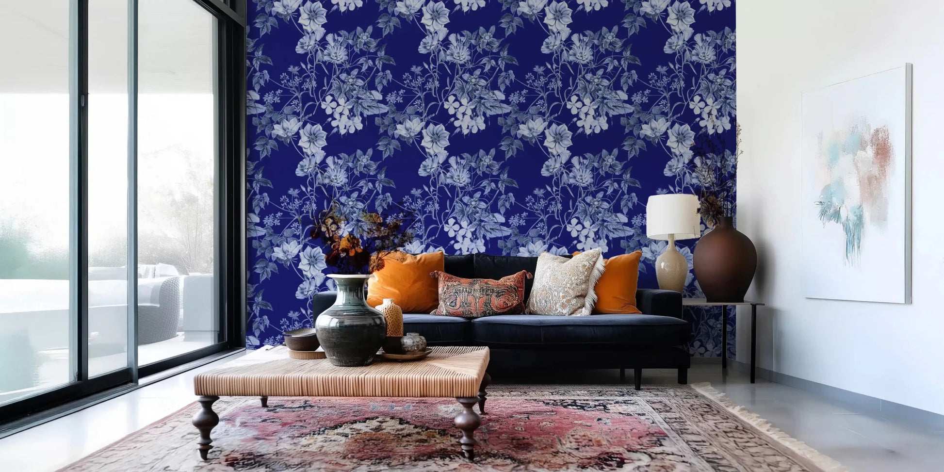 Floral sketch wallpaper with dark blue ground and softly shaded petals