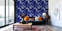 Floral sketch wallpaper with dark blue ground and softly shaded petals
