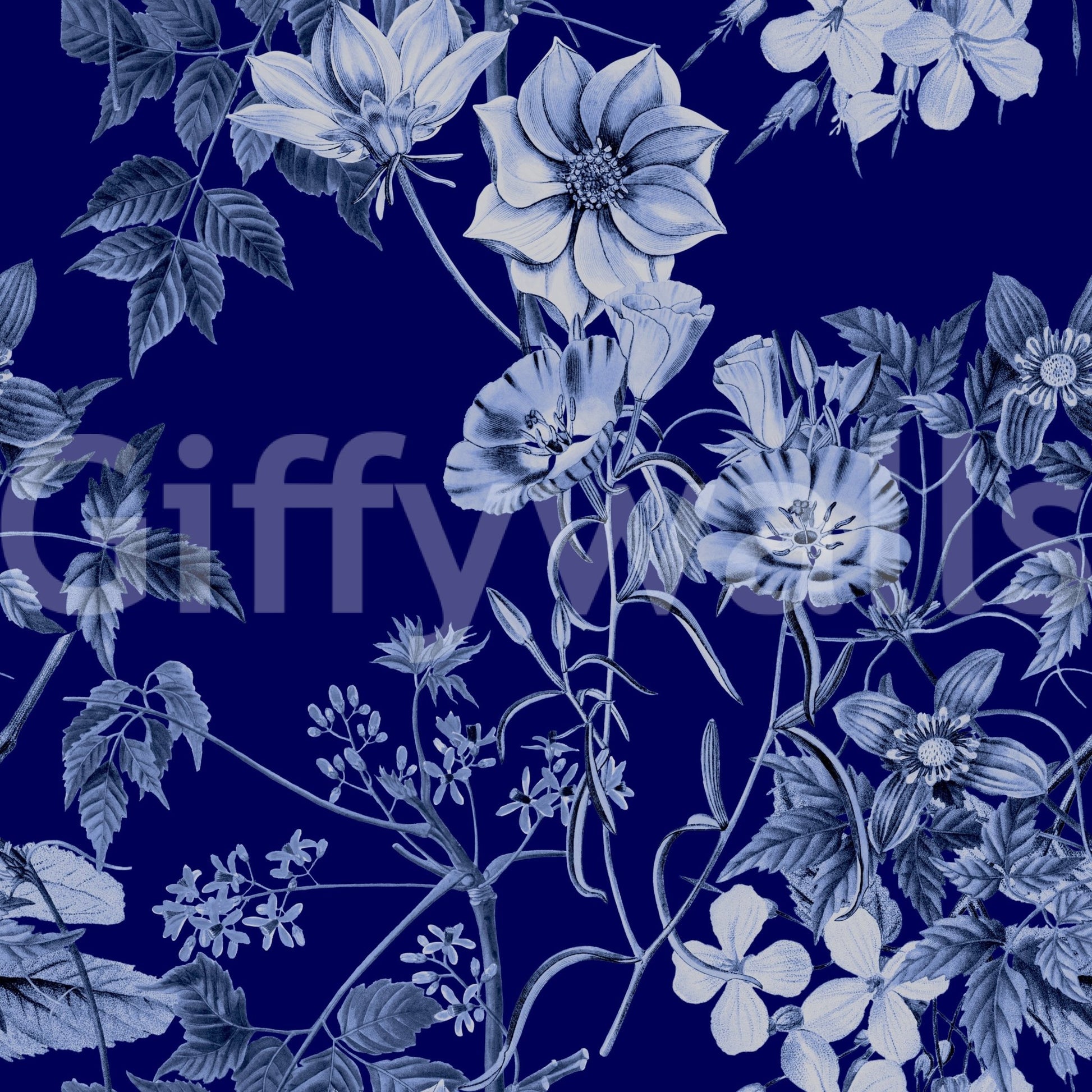Deep navy floral wallpaper with fine line drawing and classic surface detail