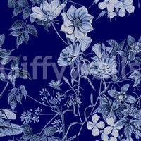 Deep navy floral wallpaper with fine line drawing and classic surface detail