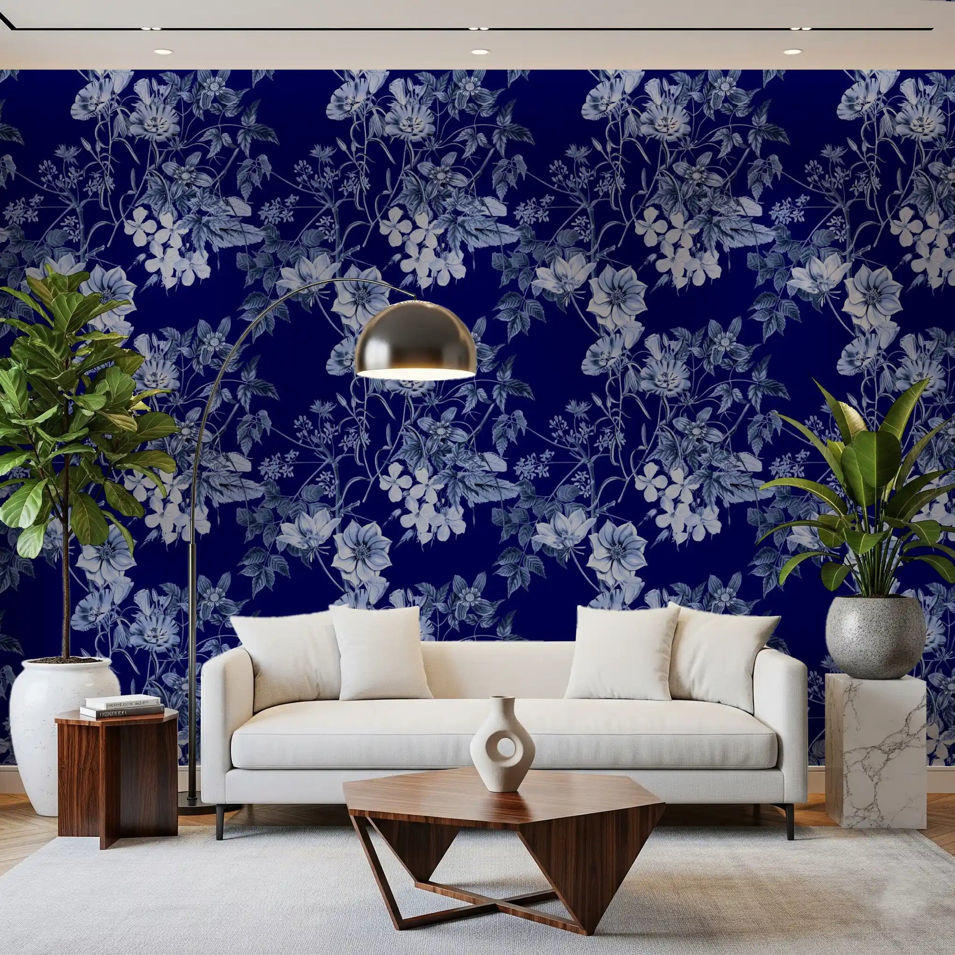 Hallway featuring Grabados Flor de Medianoche wallpaper on a midnight blue base
