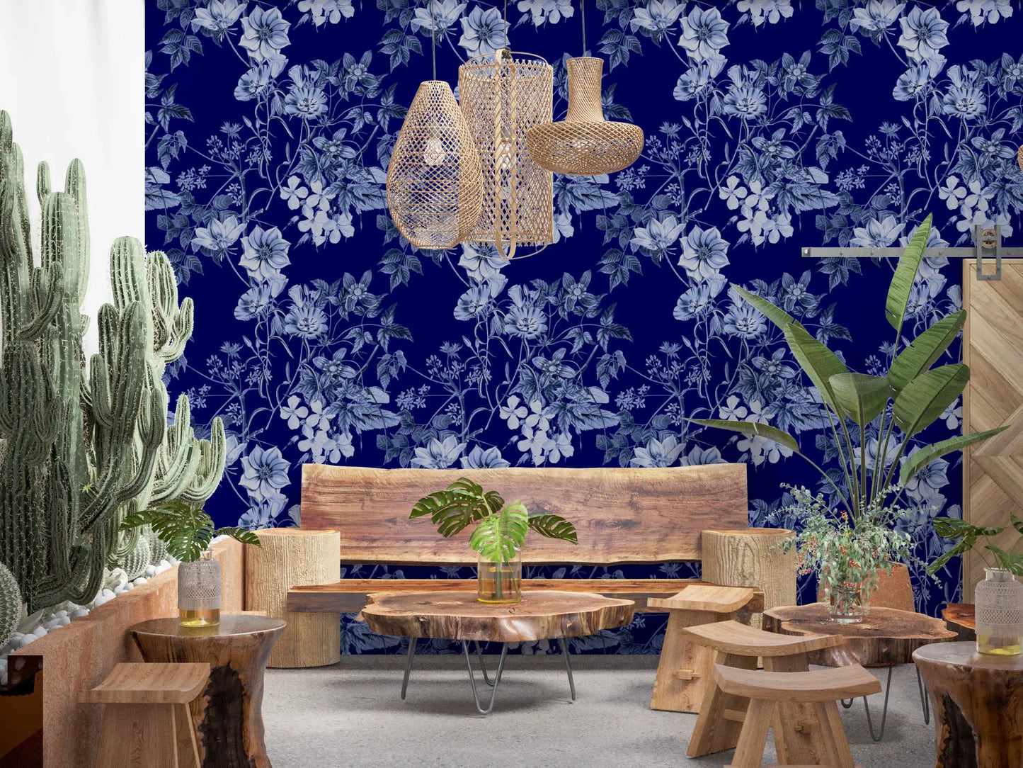Deep blue wallpaper with pale flower outlines and vintage botanical character