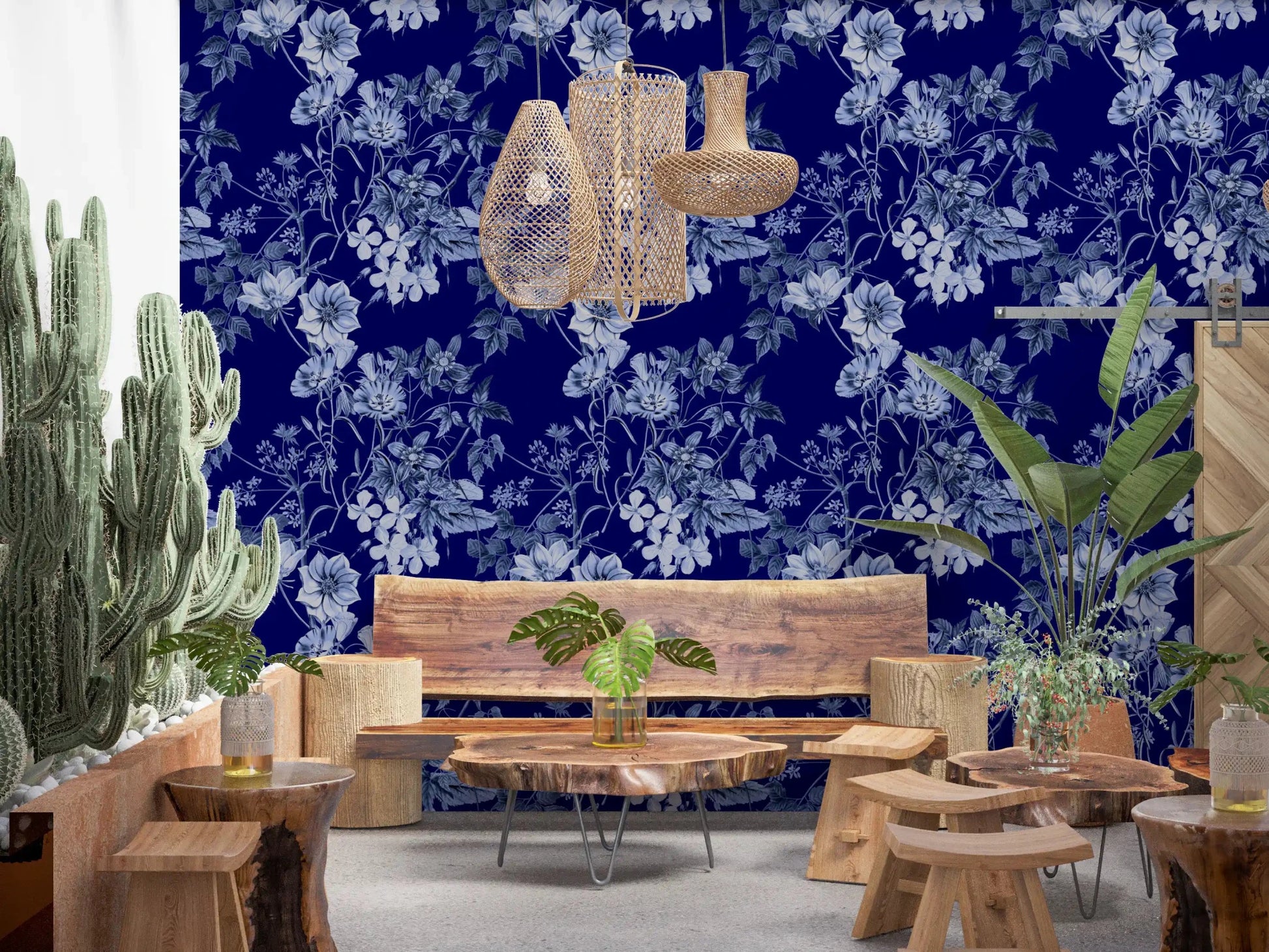Deep blue wallpaper with pale flower outlines and vintage botanical character