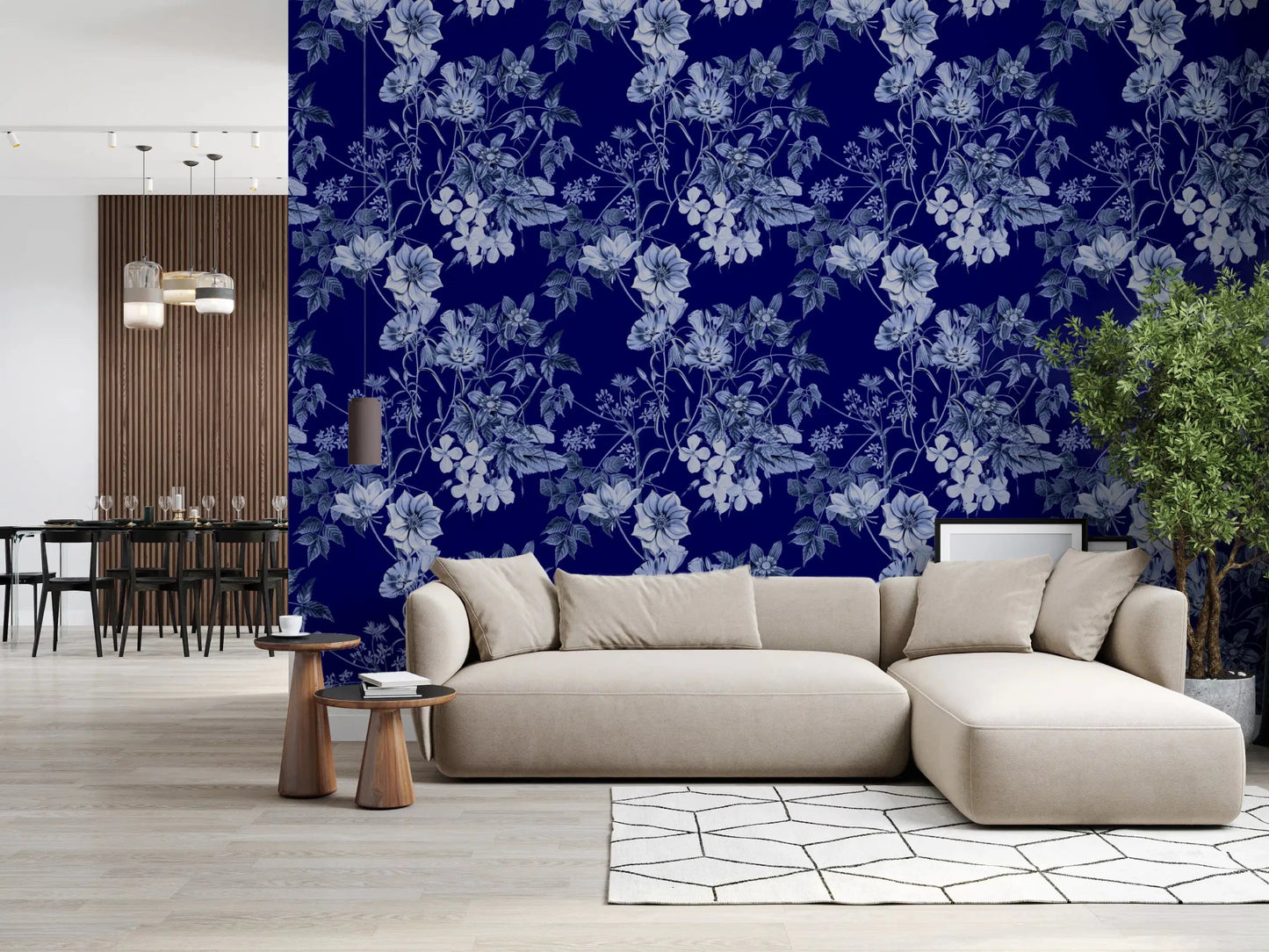 Living room styled in Grabados Flor de Medianoche wallpaper with pale botanical blooms