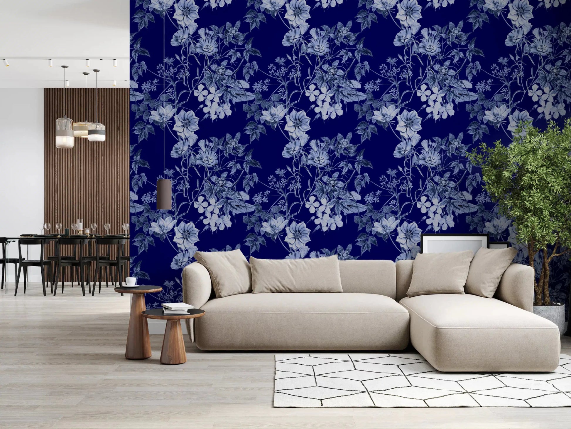 Living room styled in Grabados Flor de Medianoche wallpaper with pale botanical blooms