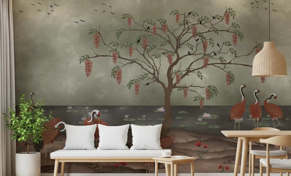 Scenic bird wall mural with lake, tree, and earthy ground, GD8998