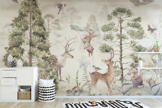 Scenic deer-themed animal wall mural design A452
