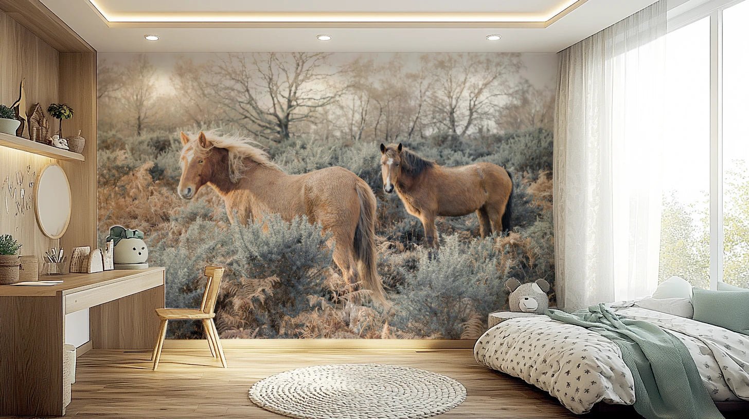 Bedroom styled in Grazers Wall Wall Mural with calm horse landscape, GD8782