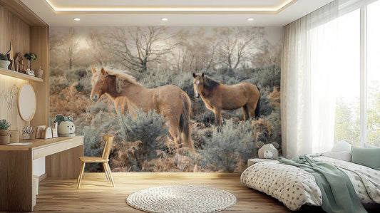 Bedroom styled in Grazers Wall Wall Mural with calm horse landscape