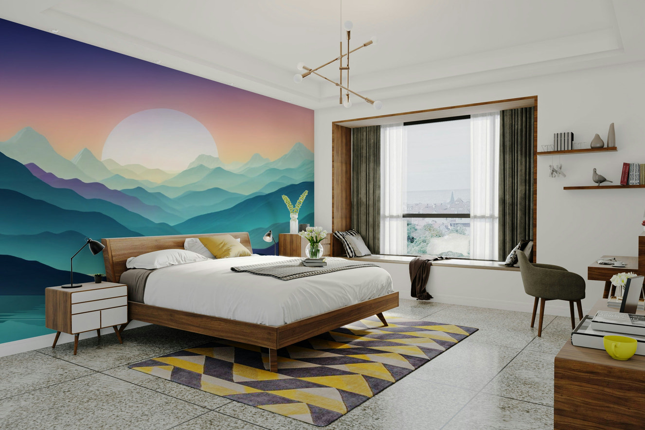 A wall mural of a mountain range.

