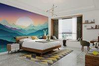 A wall mural of a mountain range.

