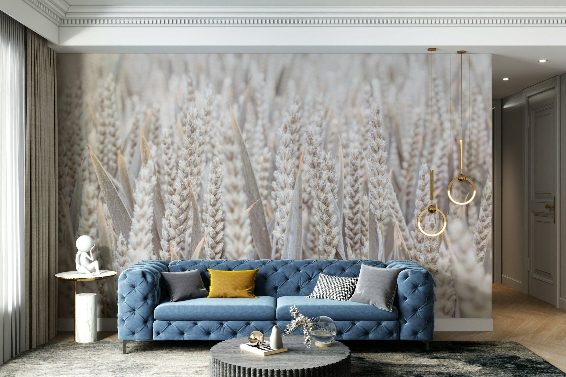 An artistic wheat field mural on minimalist wallpaper.

