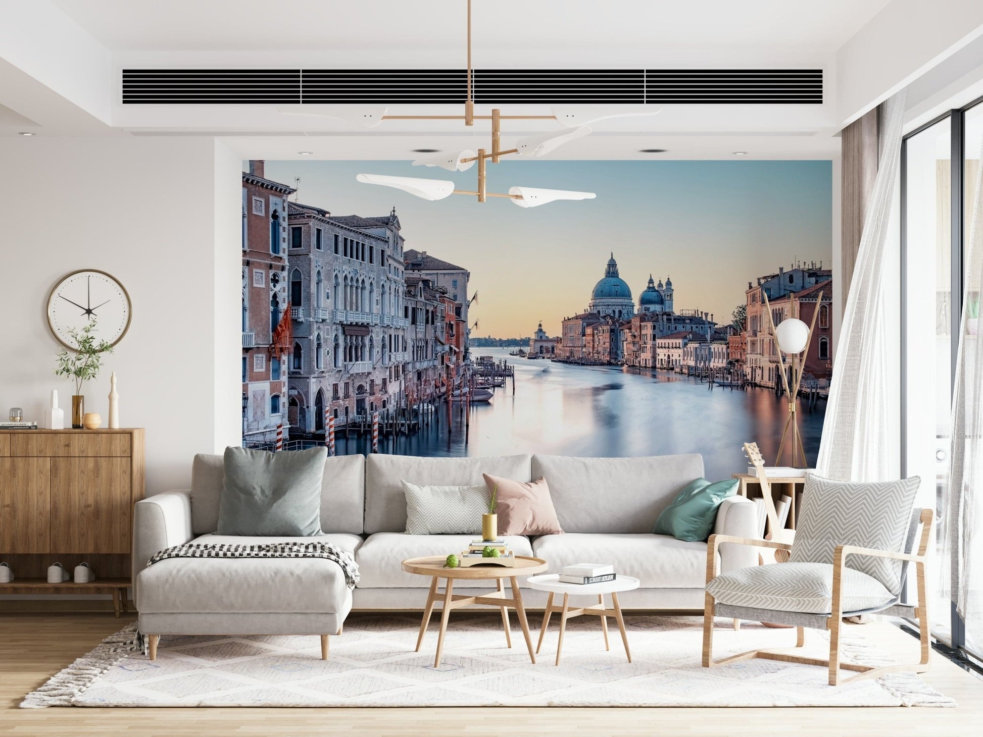 Grand Canal Serenity wallpaper with soft blue tones for a home office.