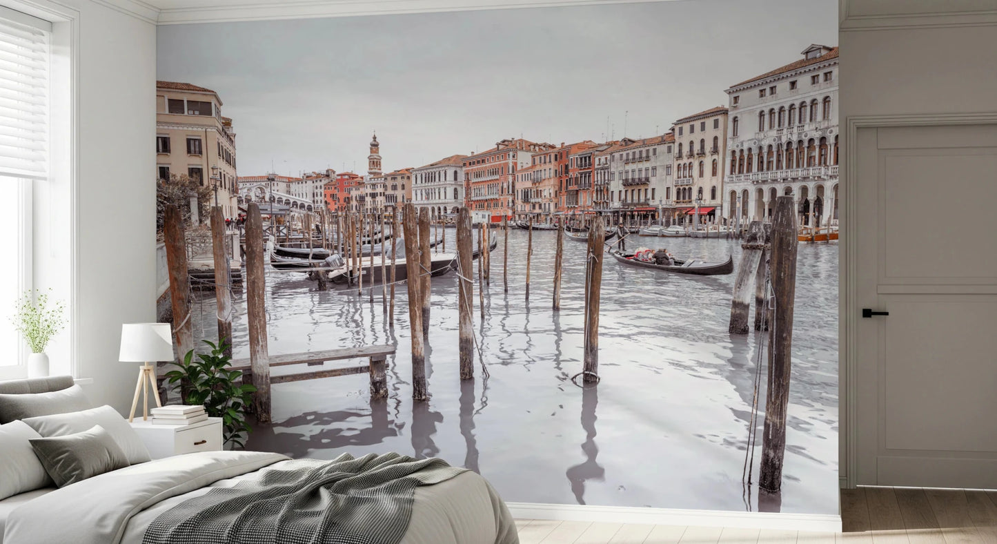 Grand Canal Vista Wall Mural with calm water and wooden poles, GD8753