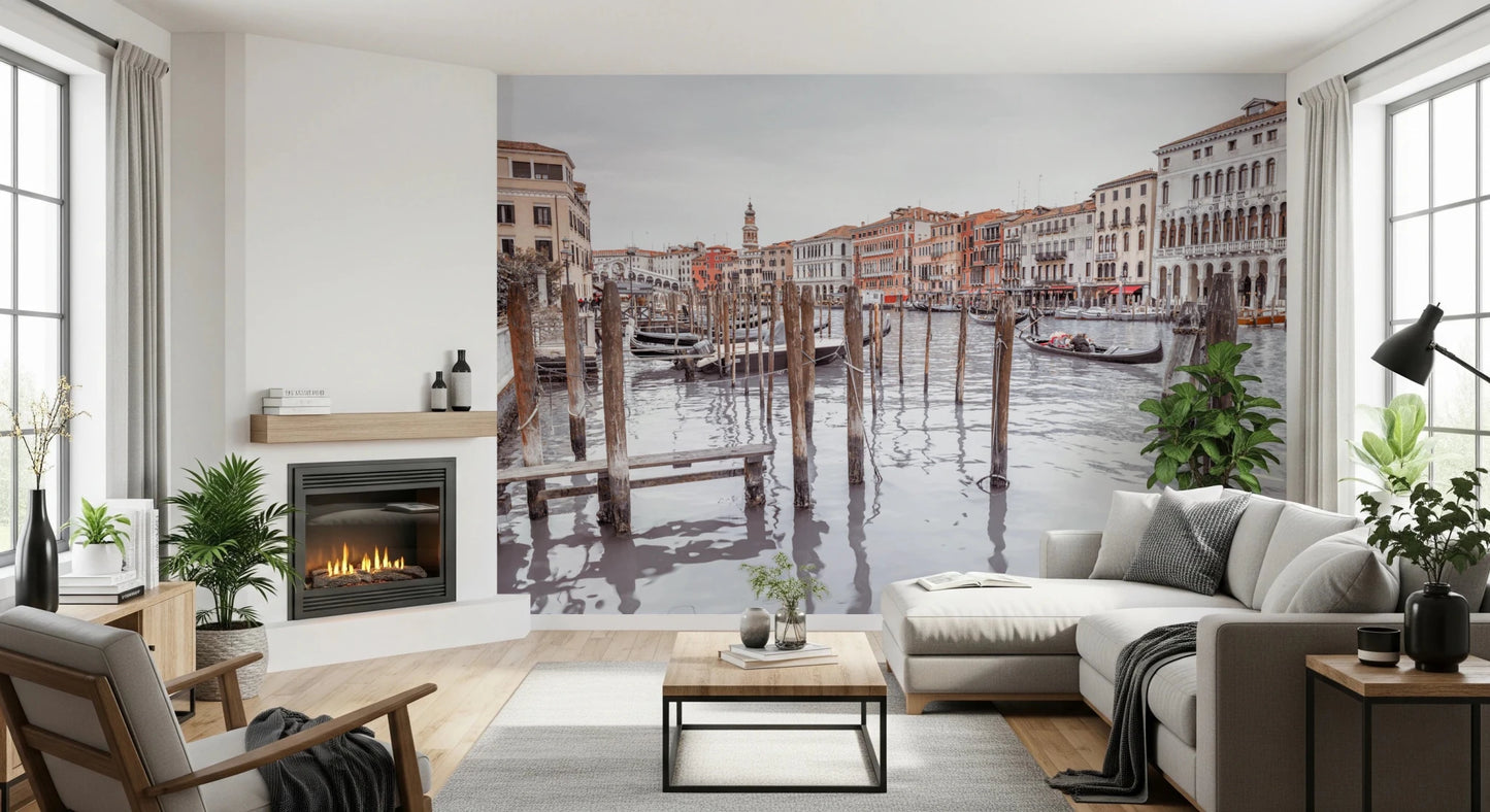 Canal Scene Wall Mural with historic facades and moored boats, GD8753
