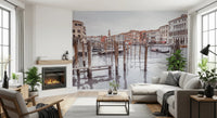 Canal Scene Wall Mural with historic facades and moored boats, GD8753