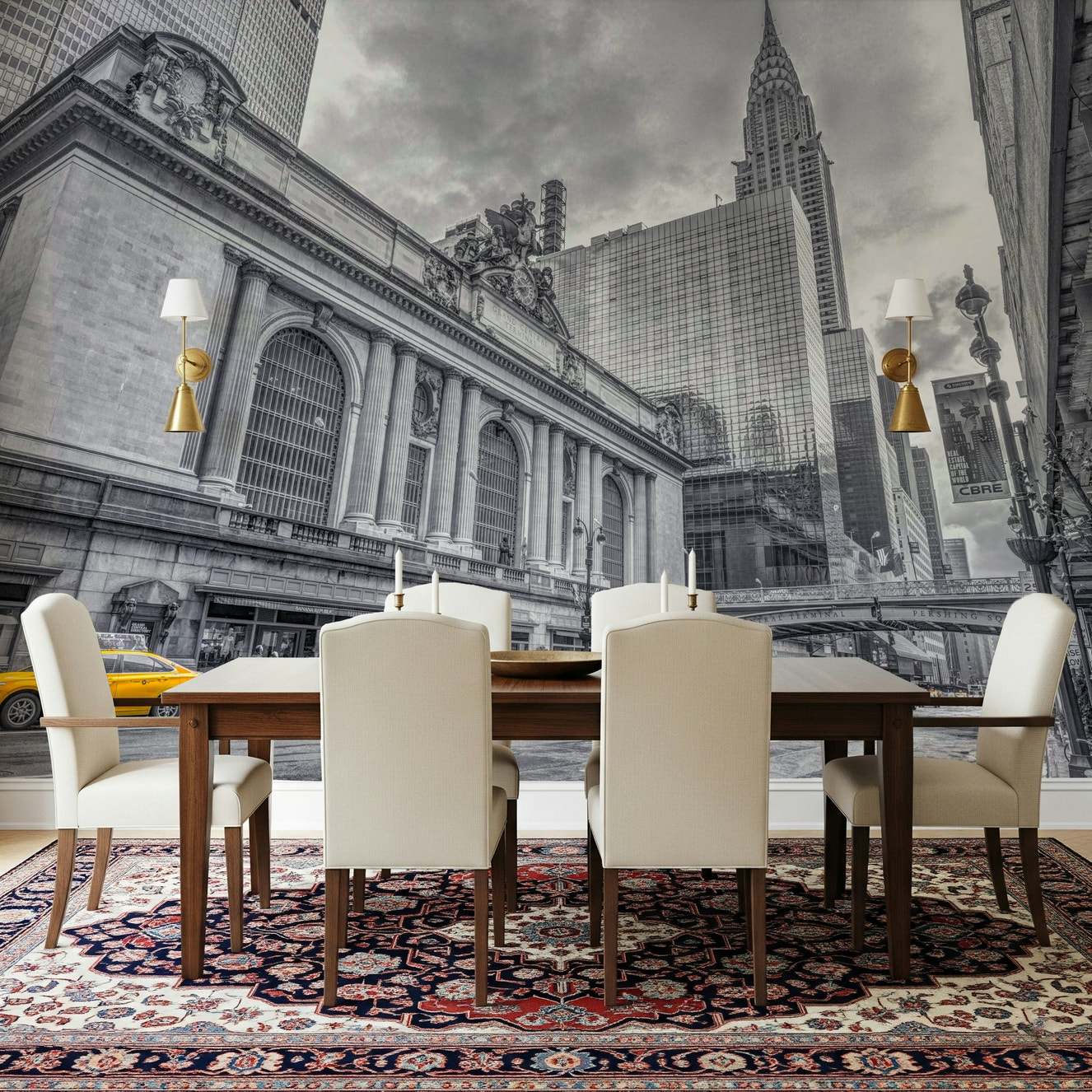 Urban landmark wallpaper in a bright apartment living space.