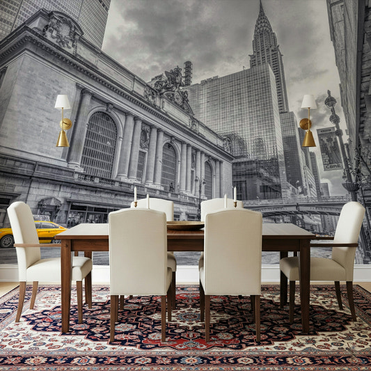 Urban landmark wallpaper in a bright apartment living space.