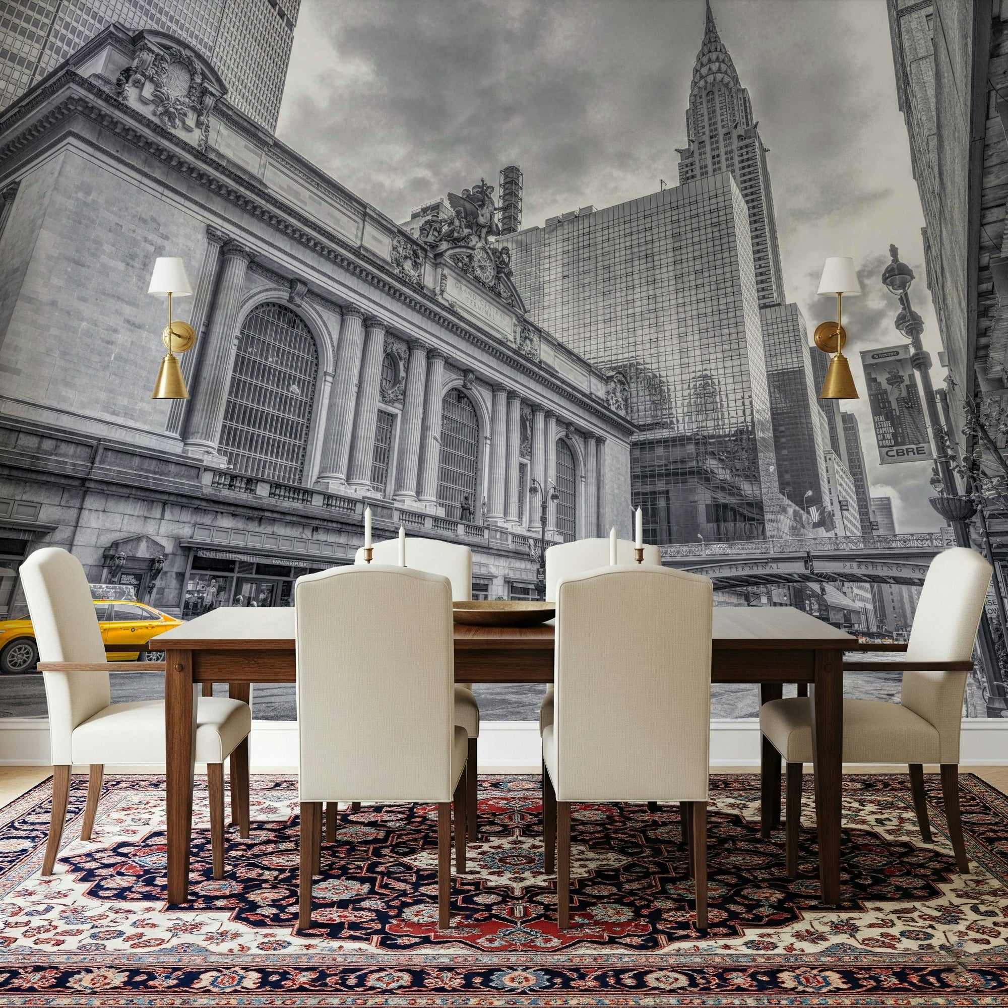 Urban landmark wallpaper in a bright apartment living space., GD7770