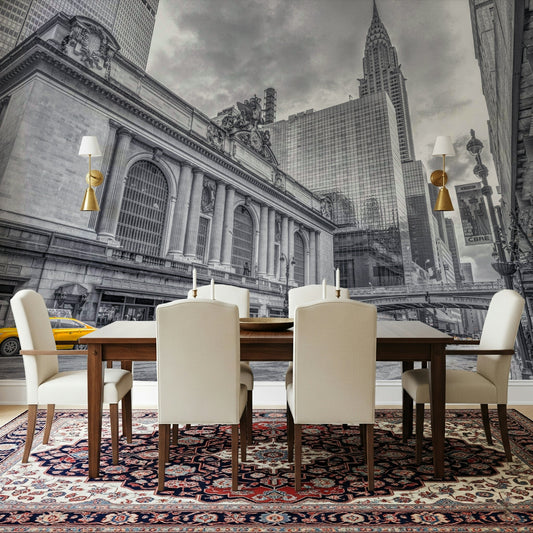 Urban landmark wallpaper in a bright apartment living space.