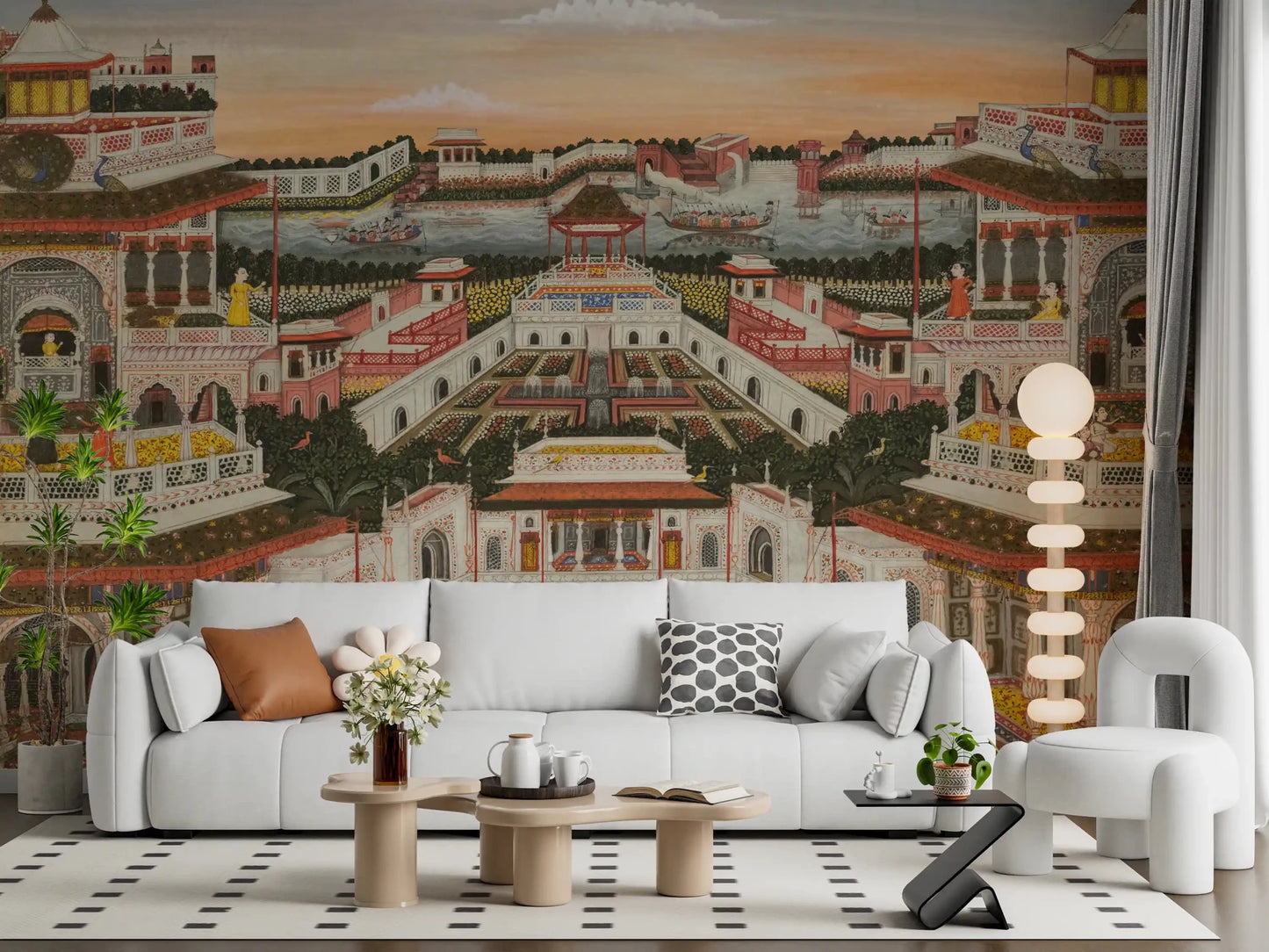 White sofa space opened by Grand Indian Palace & Royal Gardens Wall Mural