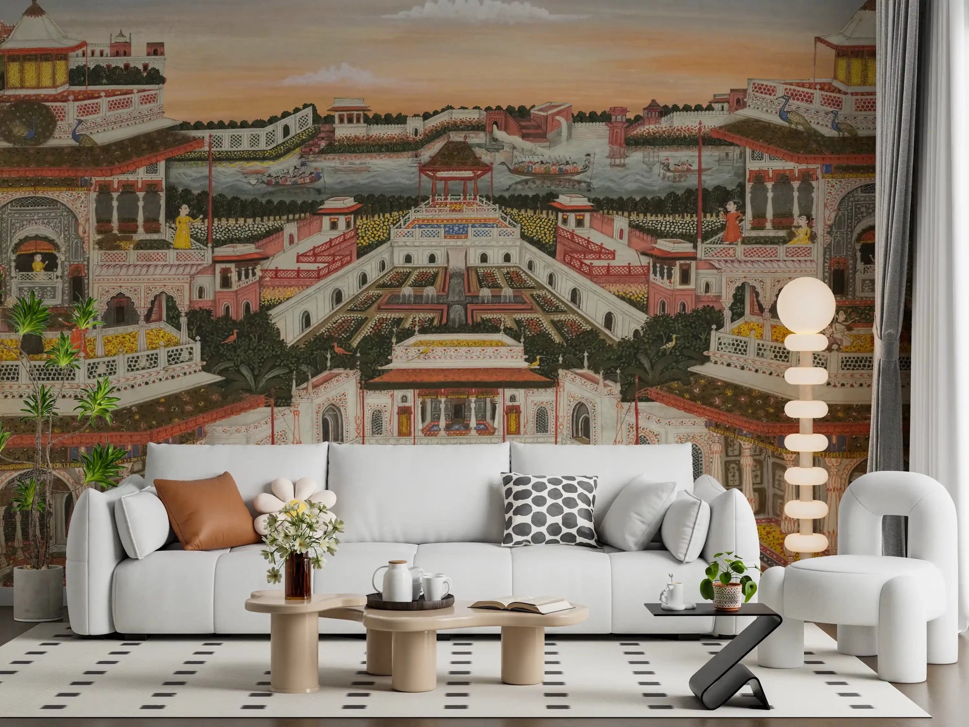 White sofa space opened by Grand Indian Palace & Royal Gardens Wall Mural