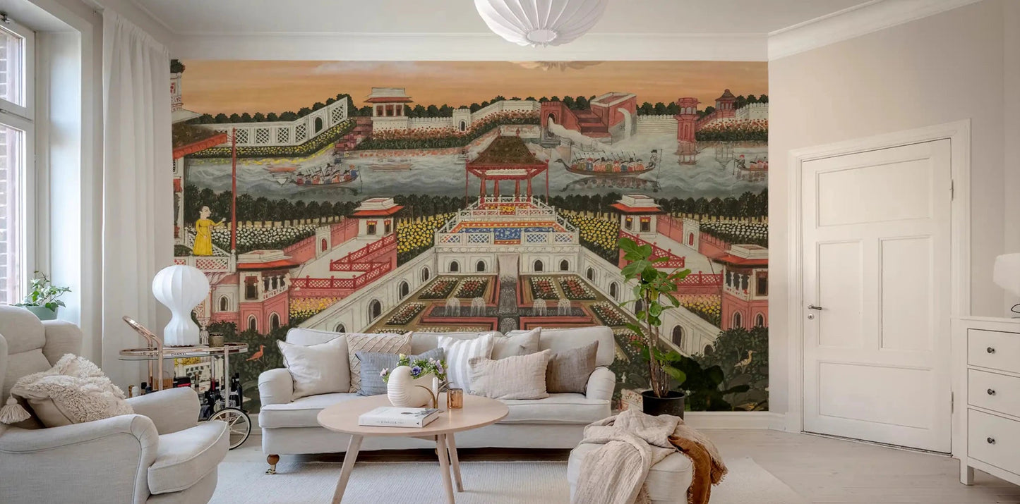 Grand Indian Palace & Royal Gardens Wall Mural above a living room 