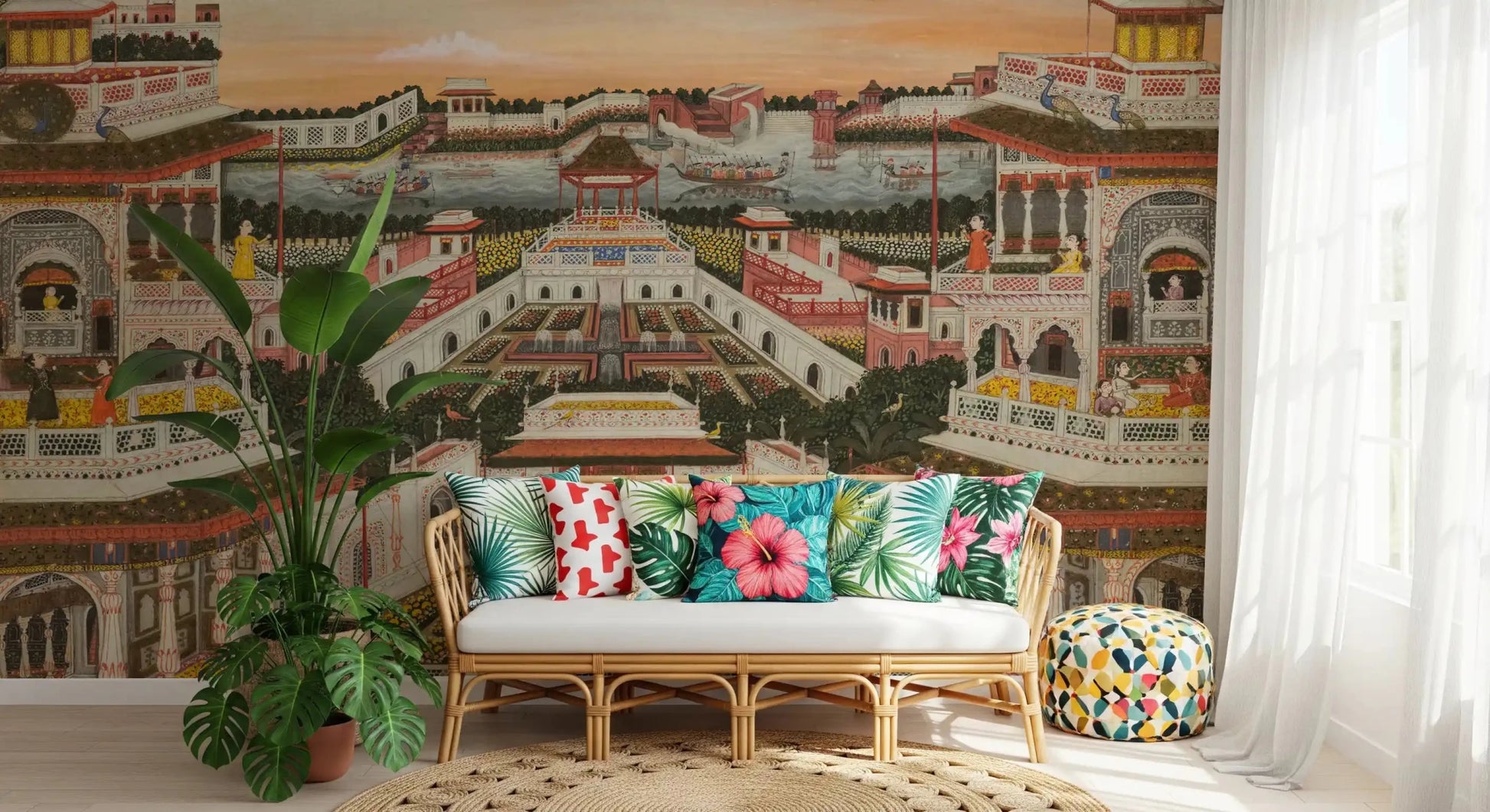 Colourful bench corner backed by Grand Indian Palace & Royal Gardens Wall Mural