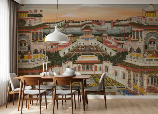 Grand Indian Palace & Royal Gardens Wall Mural behind a warm dining table setting, GD8952