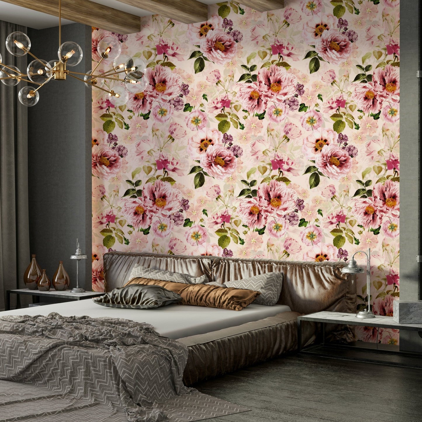 Bedroom decorated with moody floral wallpaper

