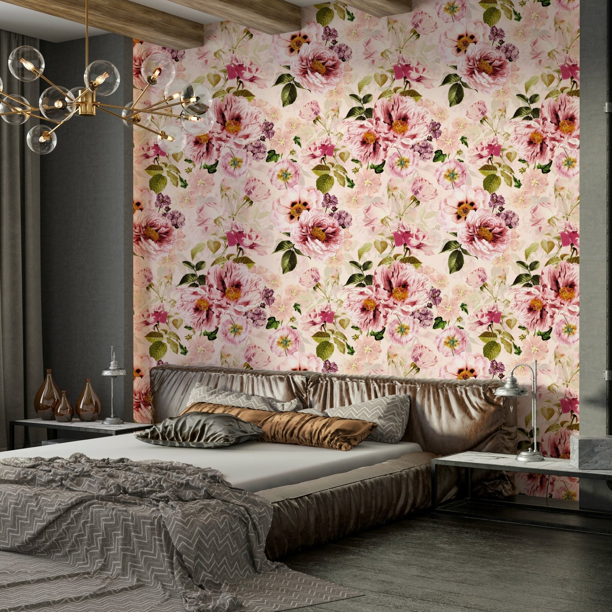 Bedroom decorated with moody floral wallpaper

