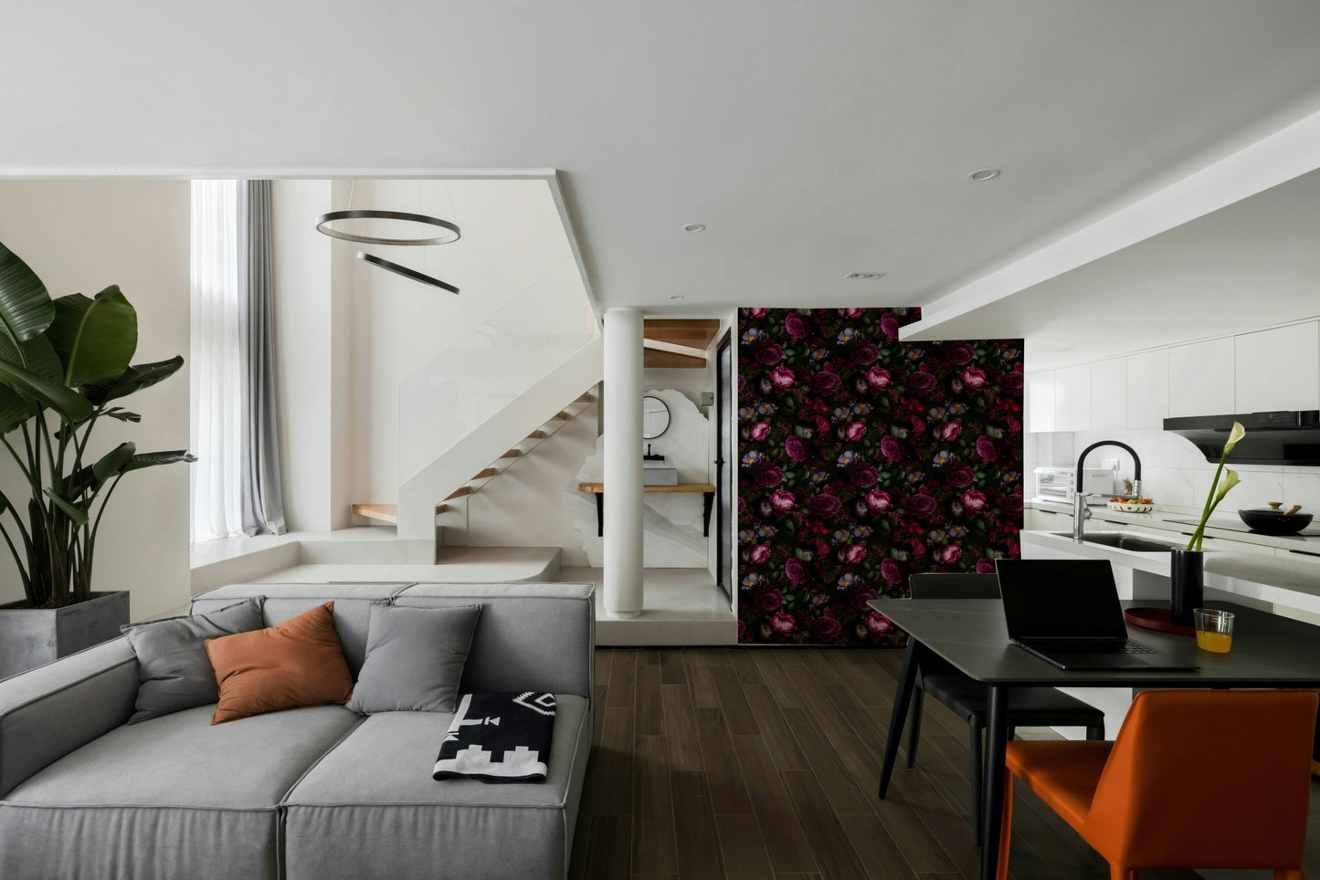 Grandmillennial wallpaper with dramatic gothic florals.

