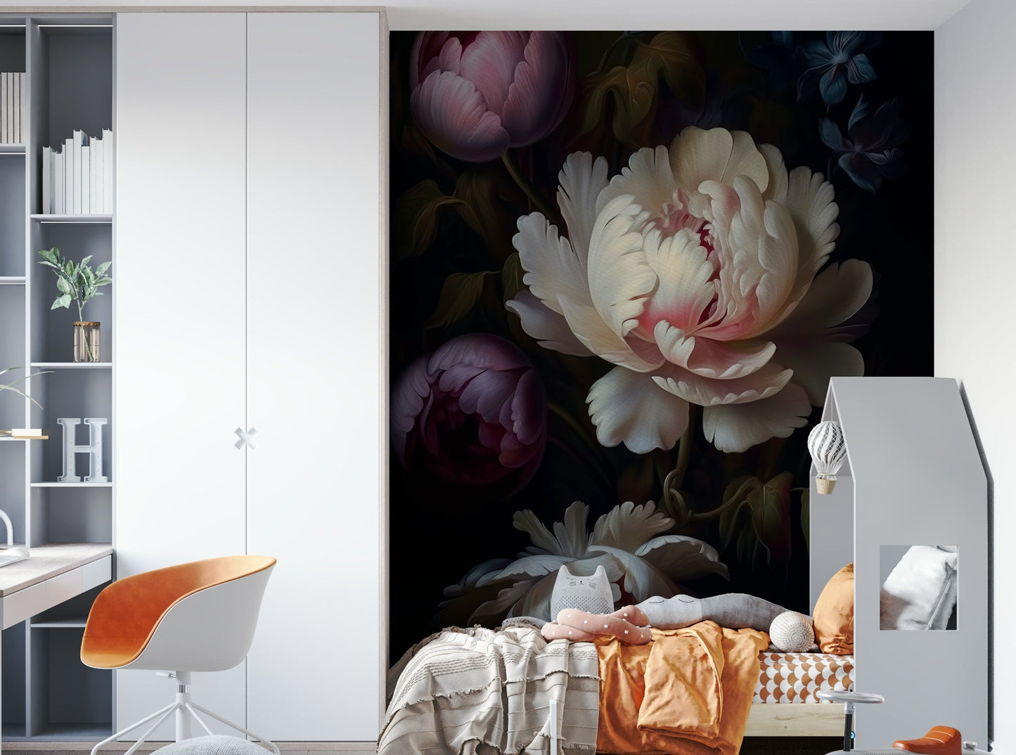 Grandmillennial dark floral mural with gothic accents

