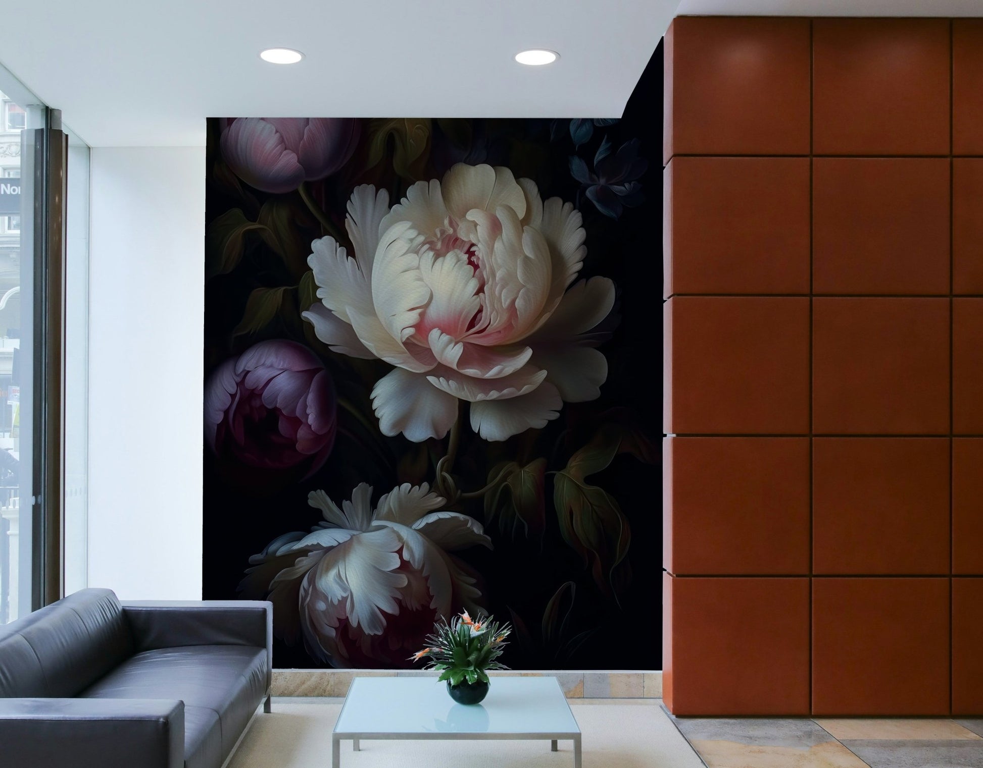 Moody floral wall mural with dramatic gothic style

