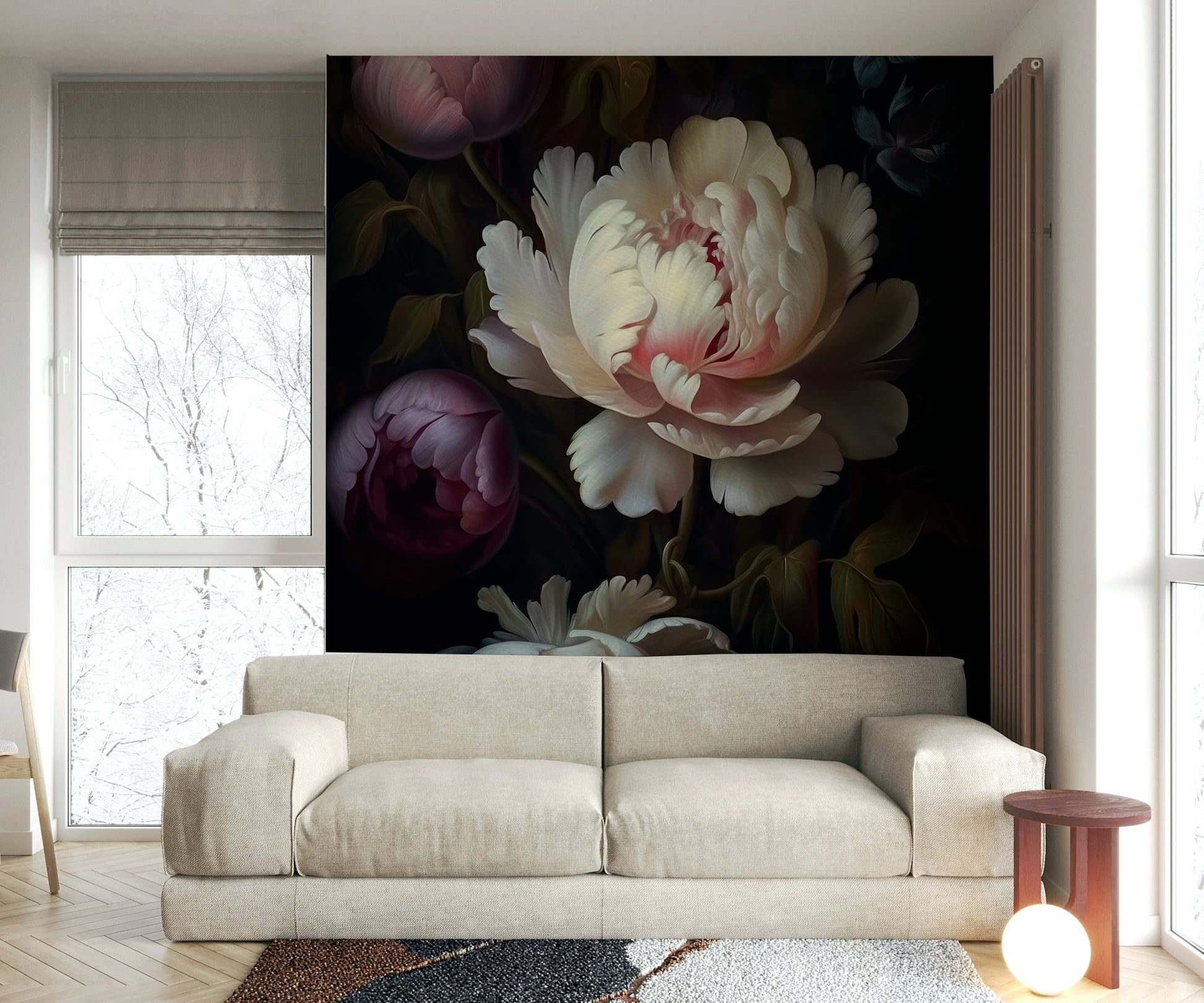 Heritage-inspired dark floral wall mural for home decor

