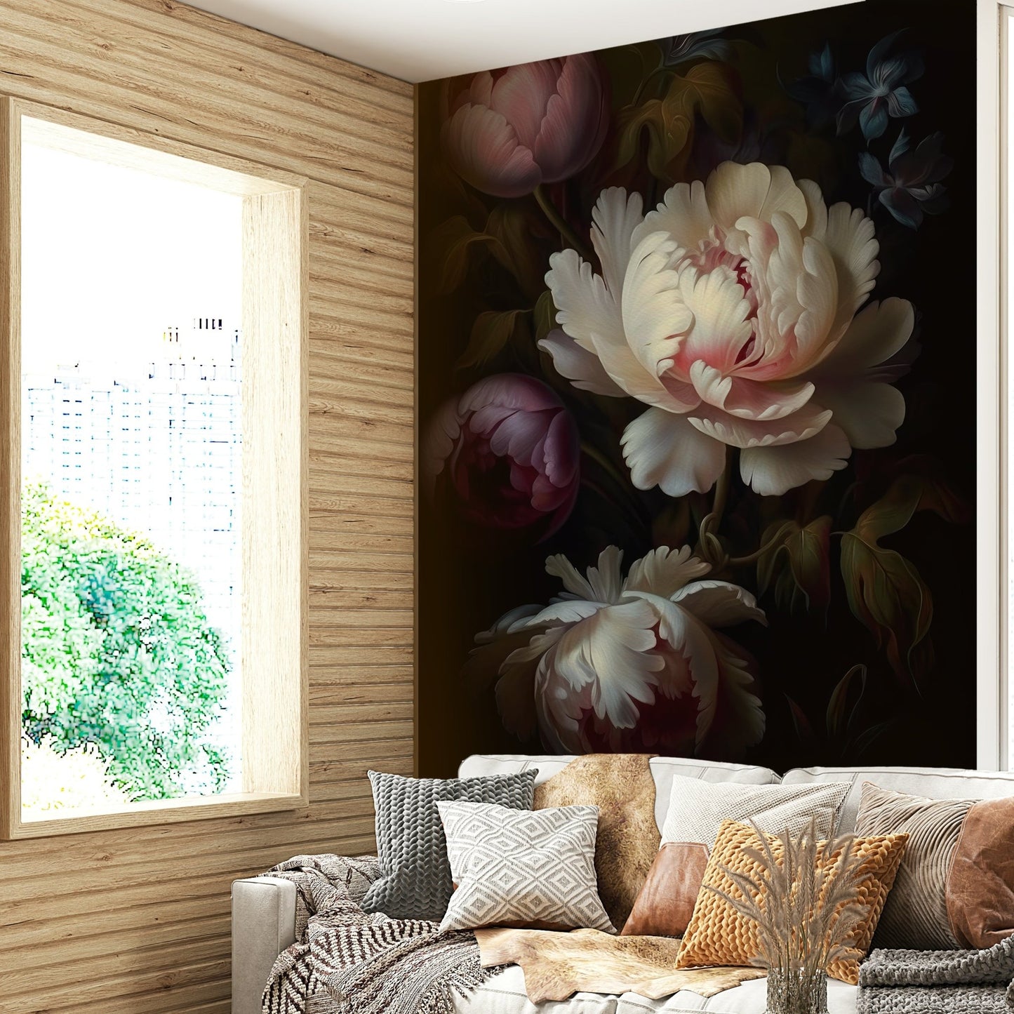 Moody grandmillennial floral wall mural for bedrooms

