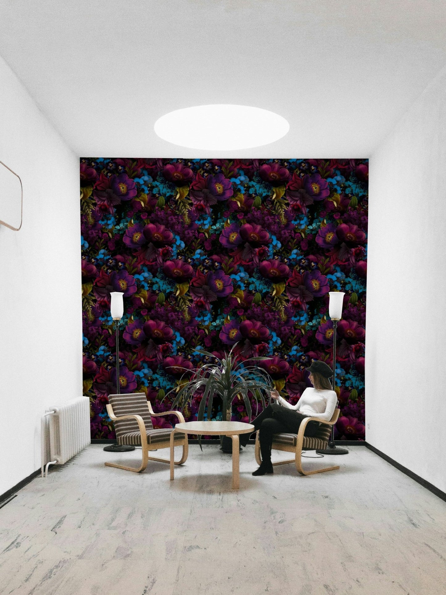 Bedroom decorated with moody floral wallpaper

