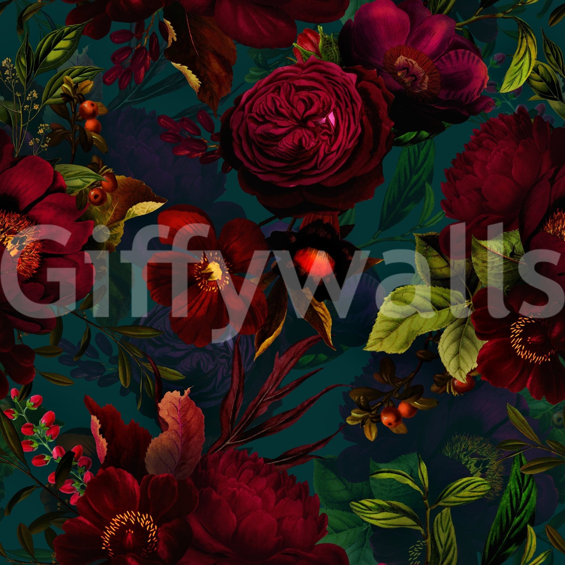 Dark, floral wallpaper with gothic and dramatic glamour.

