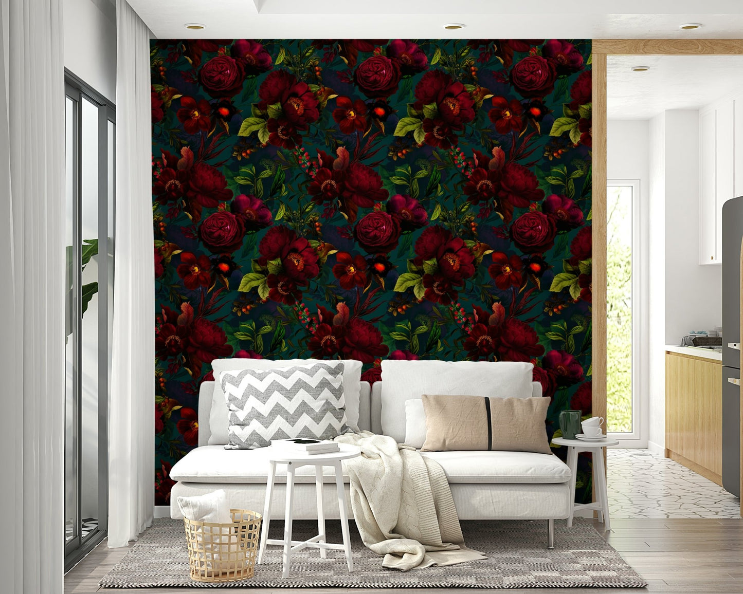 Moody floral wallpaper for a dramatic Grandmillennial look.


