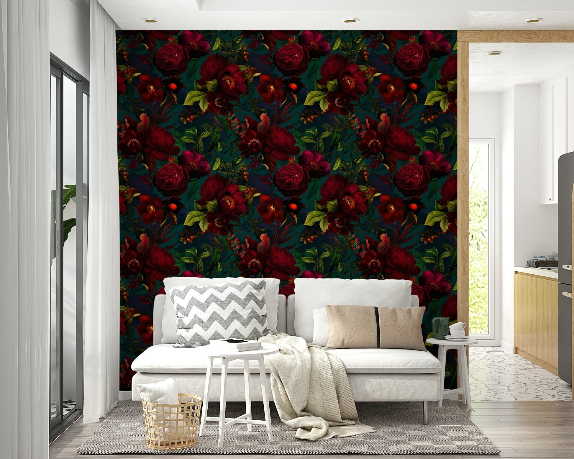 Moody floral wallpaper for a dramatic Grandmillennial look.

