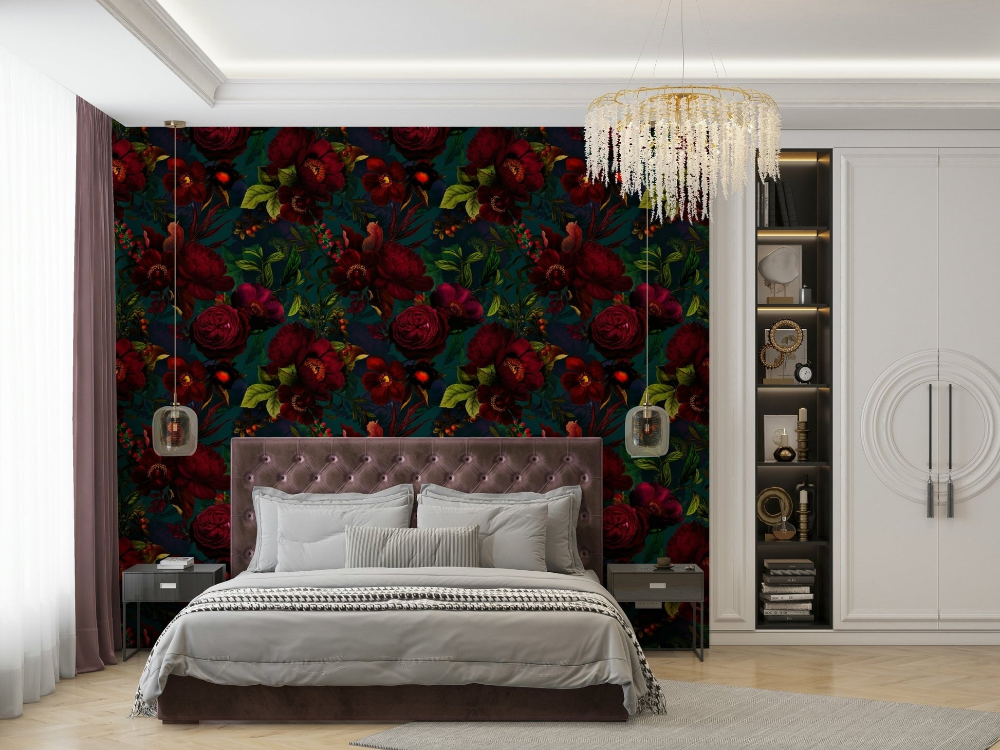 Heritage-inspired floral wallpaper for dramatic rooms.

