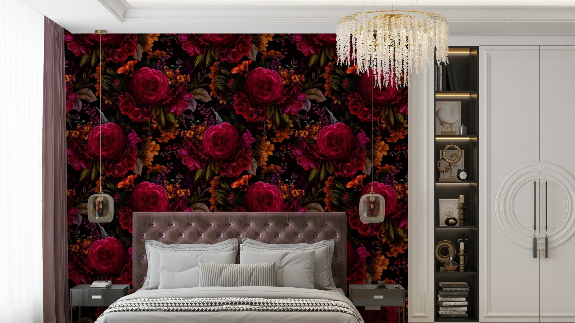 Grandmillennial dramatic floral wallpaper in dark tones, GD1147