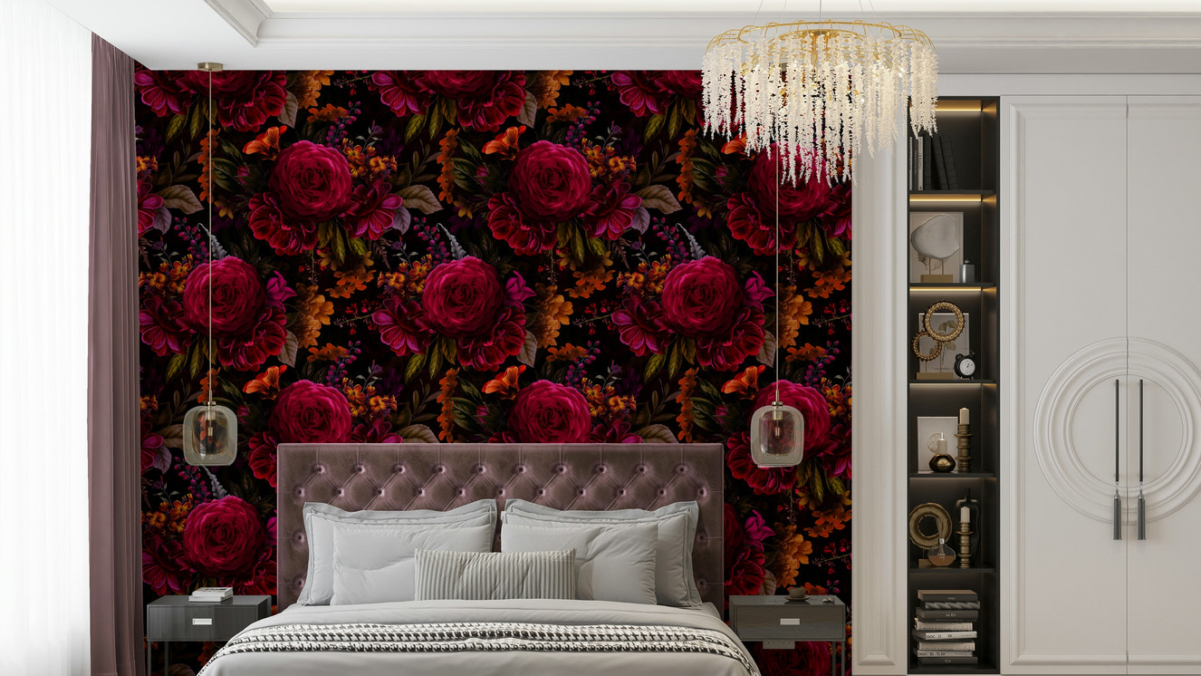 Grandmillennial dramatic floral wallpaper in dark tones

